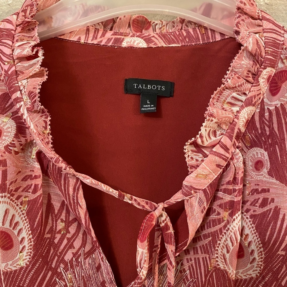 Talbots Women Pink Peacock Feathers Top Ruffle Blouse Size L - Picture 7 of 14